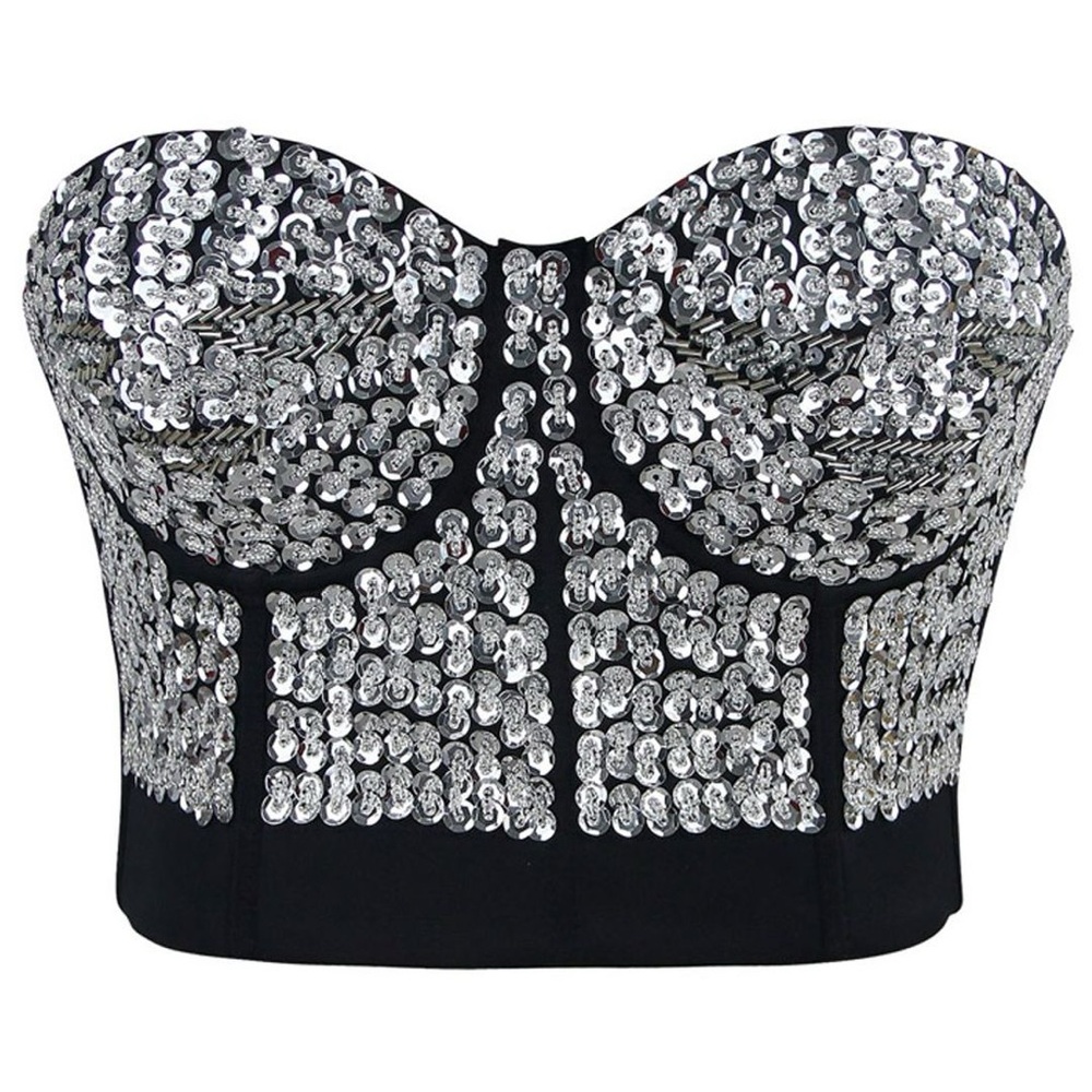 Atomic Silver Sequin Studded Sweetheart Top Black Bustier Top